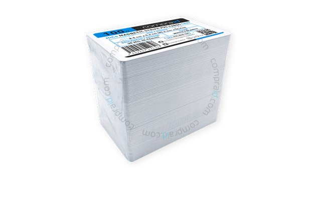Disponibles en paquetes de 100 piezas Las tarjetas plasticas cr80 con adhesivo están disponibles en paquetes de 100 piezas